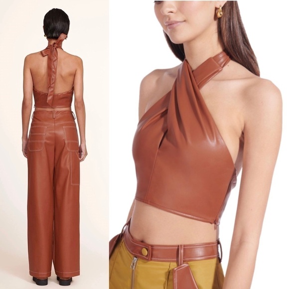 NWT STAUD 70s Vegan Leather Keyhole Twist Front Open Back Halter Tie Crop Top 10 - Picture 3 of 17